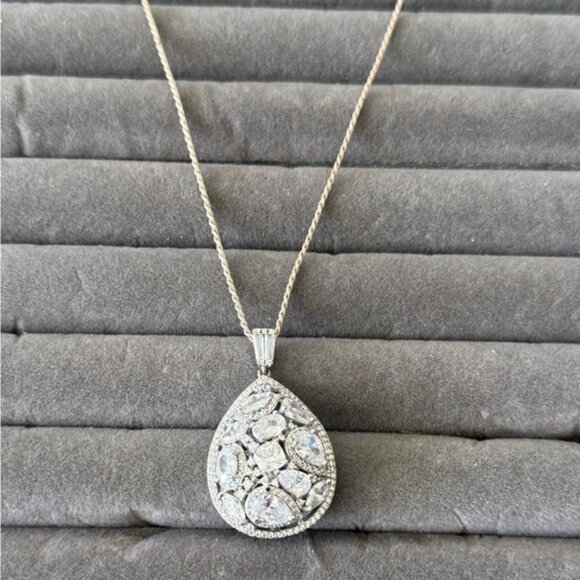 FZN 925 Sterling Silver Necklace w Filigree Teardrop Crystals Pendant 13" long - Picture 13 of 16